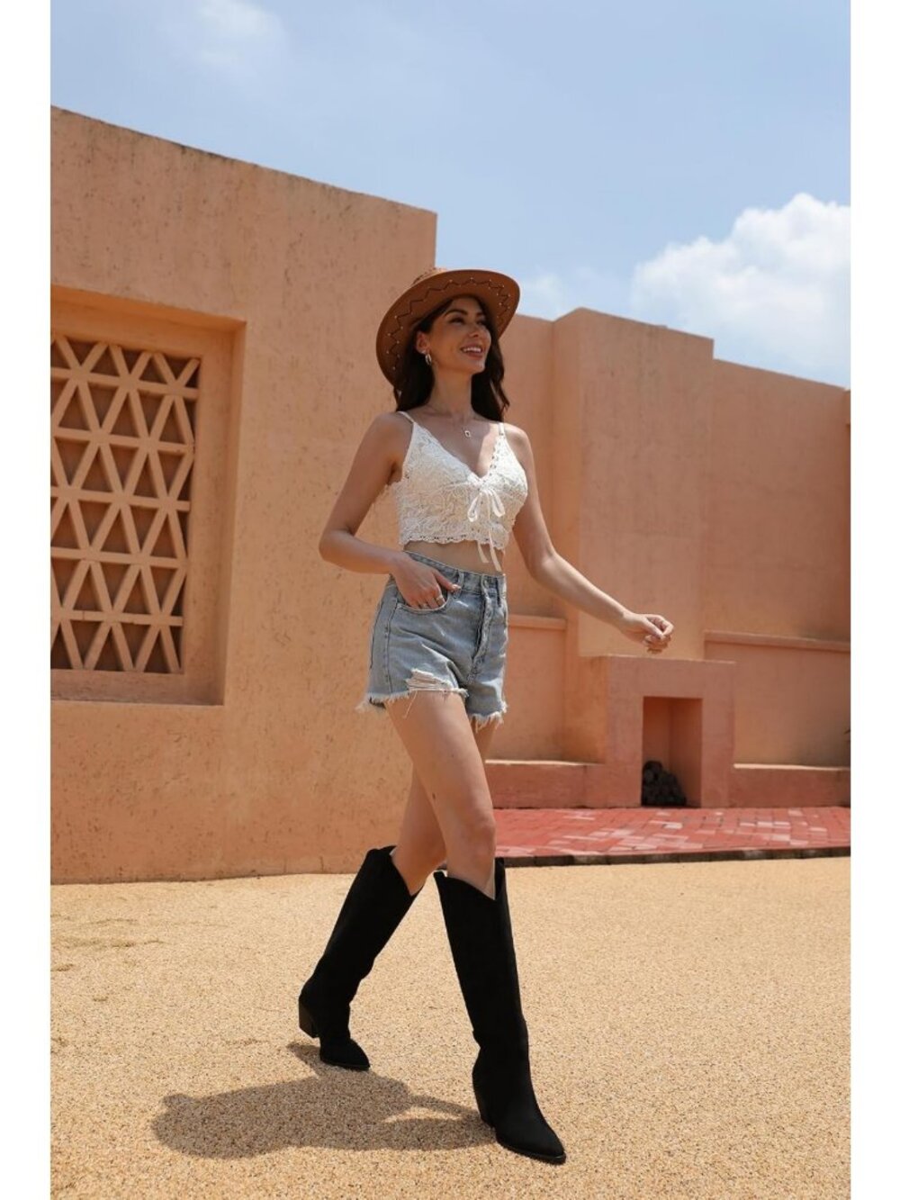 Knee High Cowgirl Boots for Women - Pointed Toe, Block Heel, Embroidered Suede - Picture 3 of 8